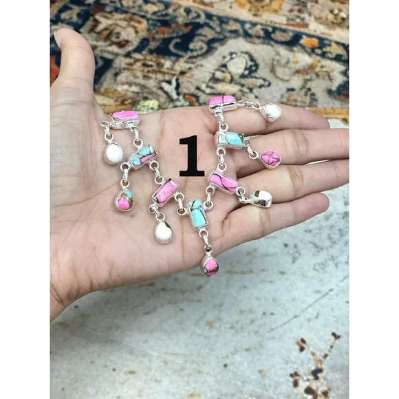 Handmade Sterling Silver Cotton Candy Turquoise Necklace, Signed Nizhoni